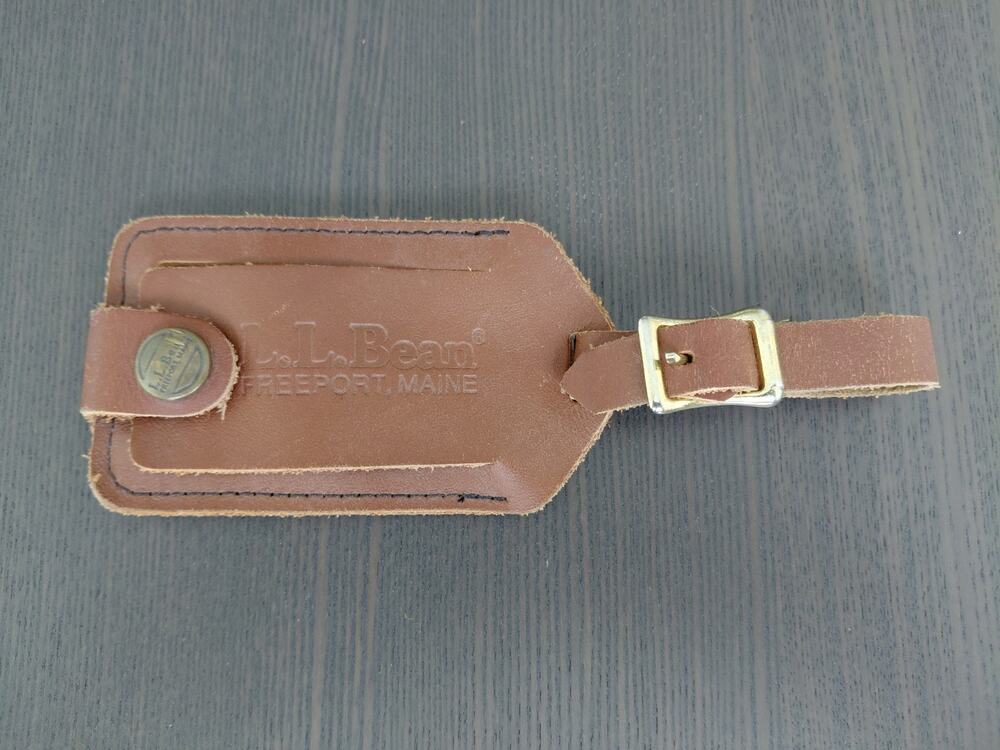 Vintage LL Bean Brown Leather Luggage Tag Freeport Maine Snap Buckle GUC